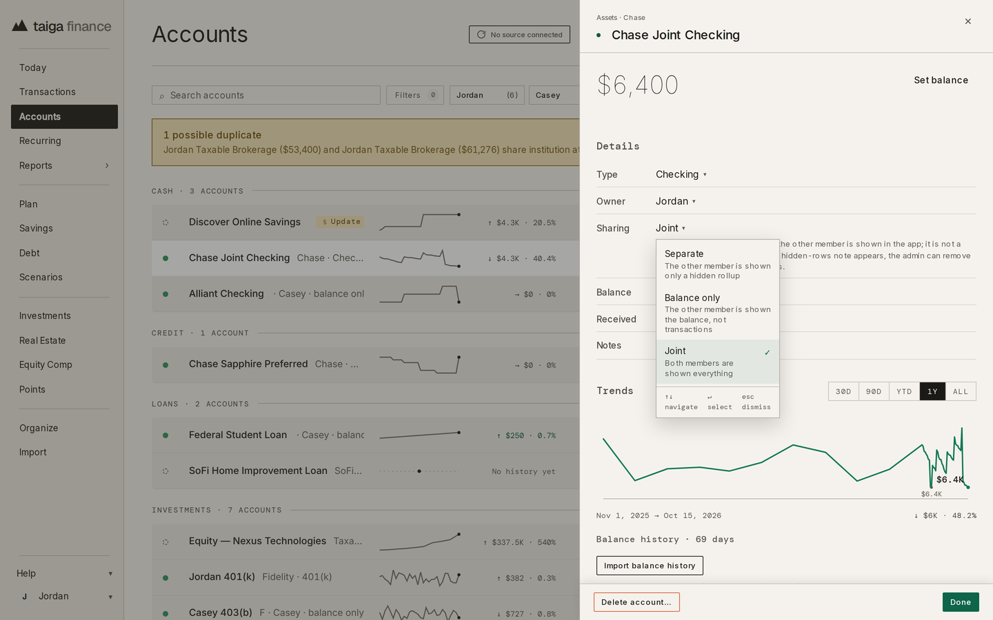 Taiga Finance · an account drawer with the Sharing picker open: Separate, Balance only and Joint, each with one line on what the other member is shown