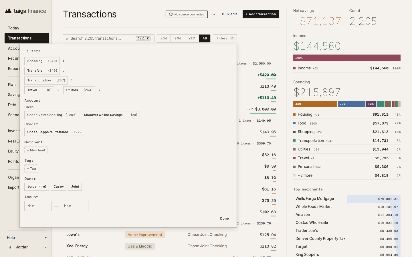 Taiga Finance · Transactions with the filters open: category, account, merchant, tag, an Owner row reading Jordan, Casey and Joint, and an amount range