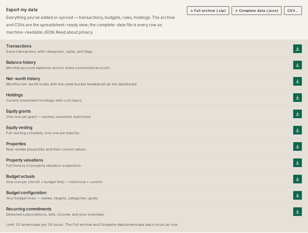 Taiga Finance · Settings · Export my data