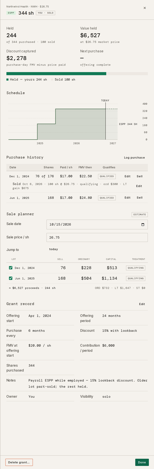 Taiga Finance · Equity Comp · ESPP lots and sale planner