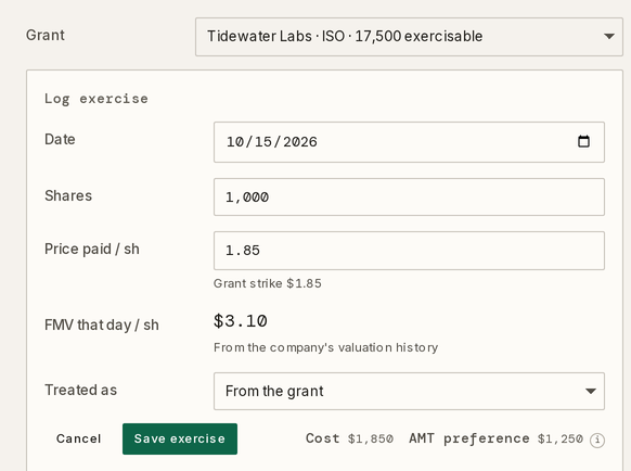 Taiga Finance · Equity Comp · Log an exercise