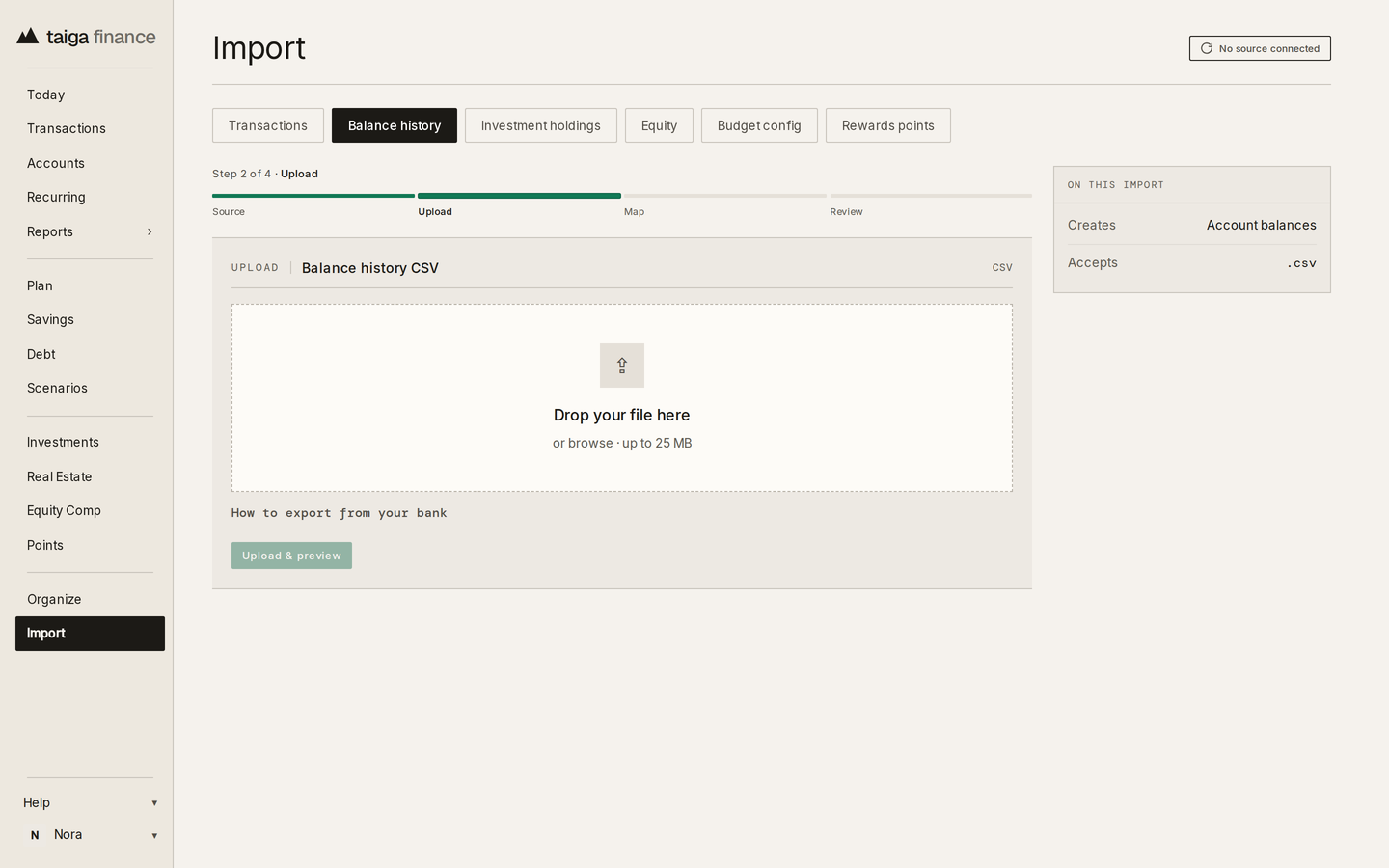 Taiga Finance · Import, the Balance history tab at the upload step, a drop zone for a balance history CSV