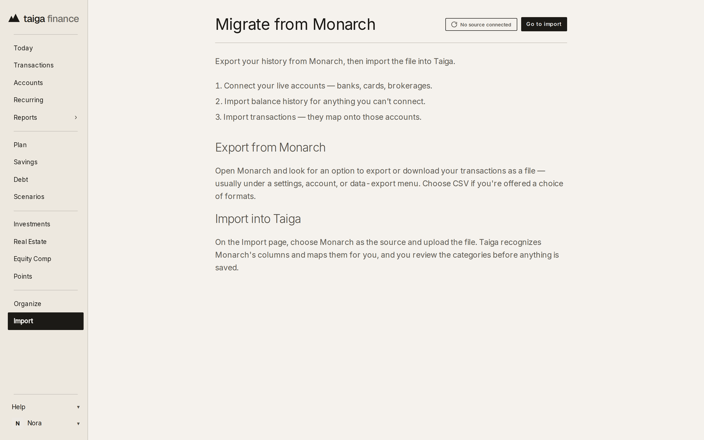 Taiga Finance · the in-app Migrate from Monarch guide: connect live accounts, import balance history, then import transactions