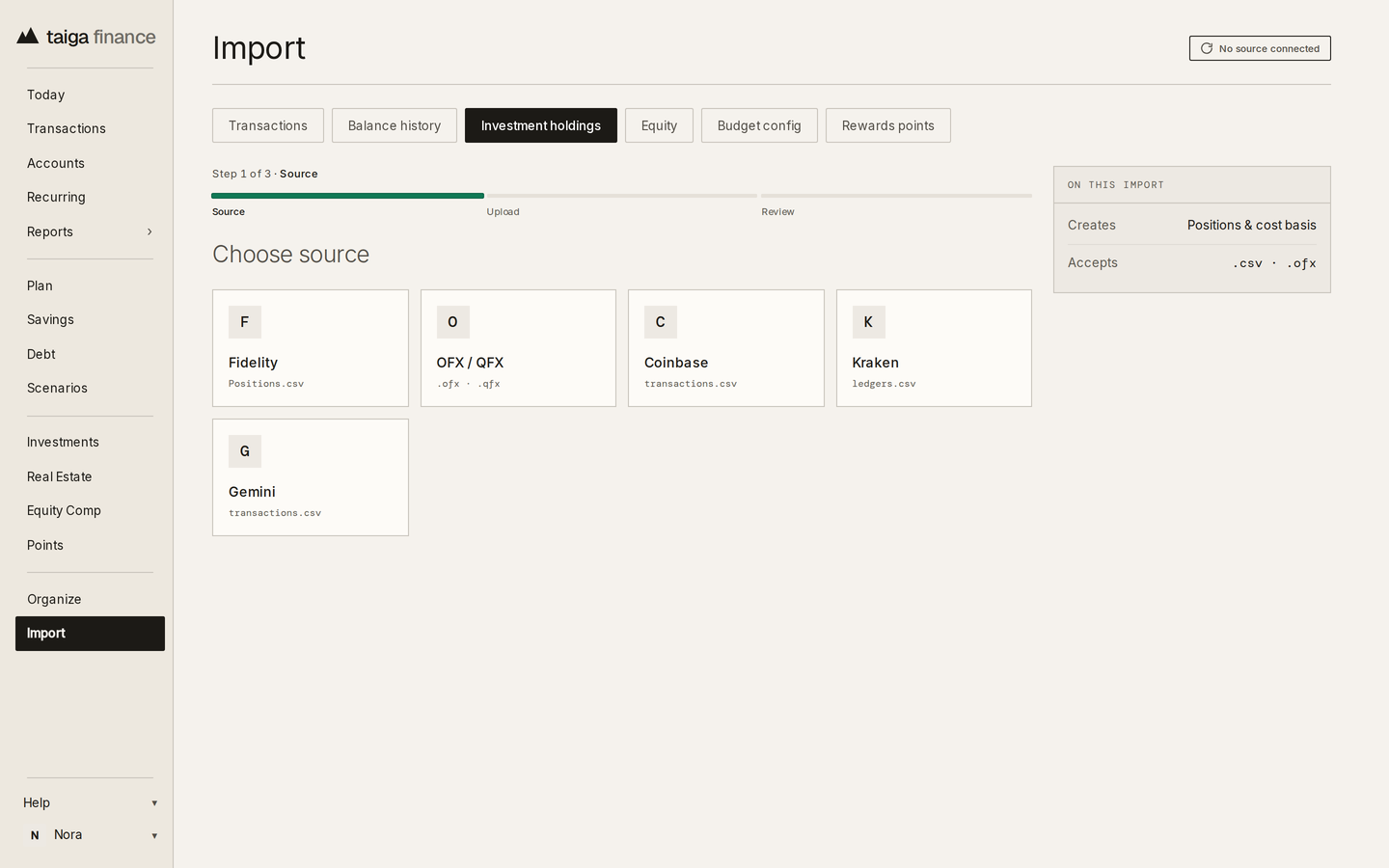 Taiga Finance · Import, the Investment holdings tab: Fidelity, OFX / QFX, Coinbase, Kraken and Gemini as sources
