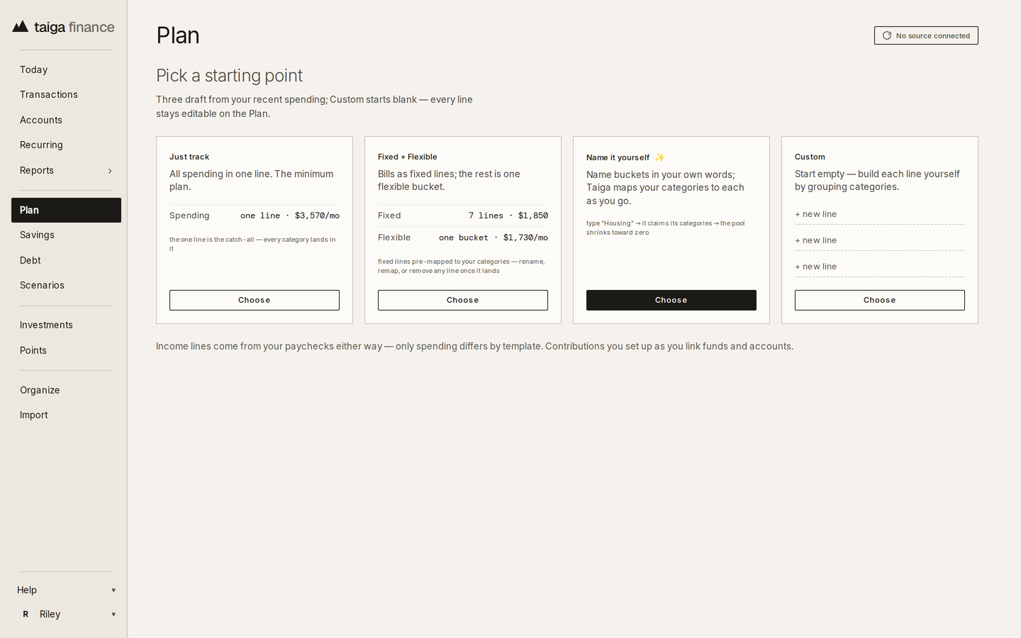 Taiga Finance · Plan, Pick a starting point: Just track, Fixed + Flexible, Name it yourself and Custom, three of them drafted from a year of spending