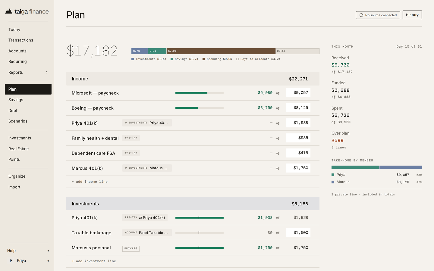 Taiga Finance · Plan, a two-income household