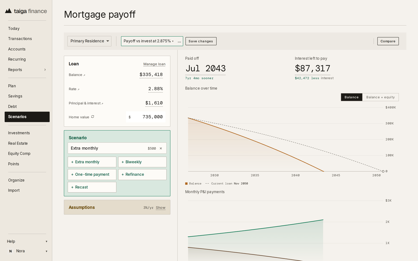 Taiga Finance · Mortgage payoff scenario