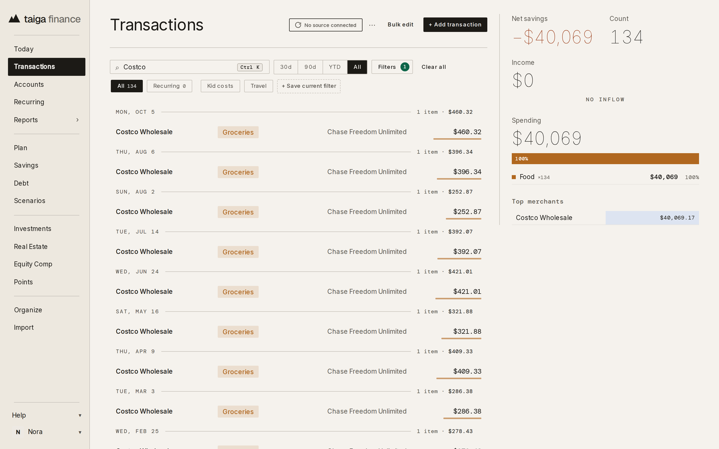Taiga Finance · Transactions, filtered by merchant